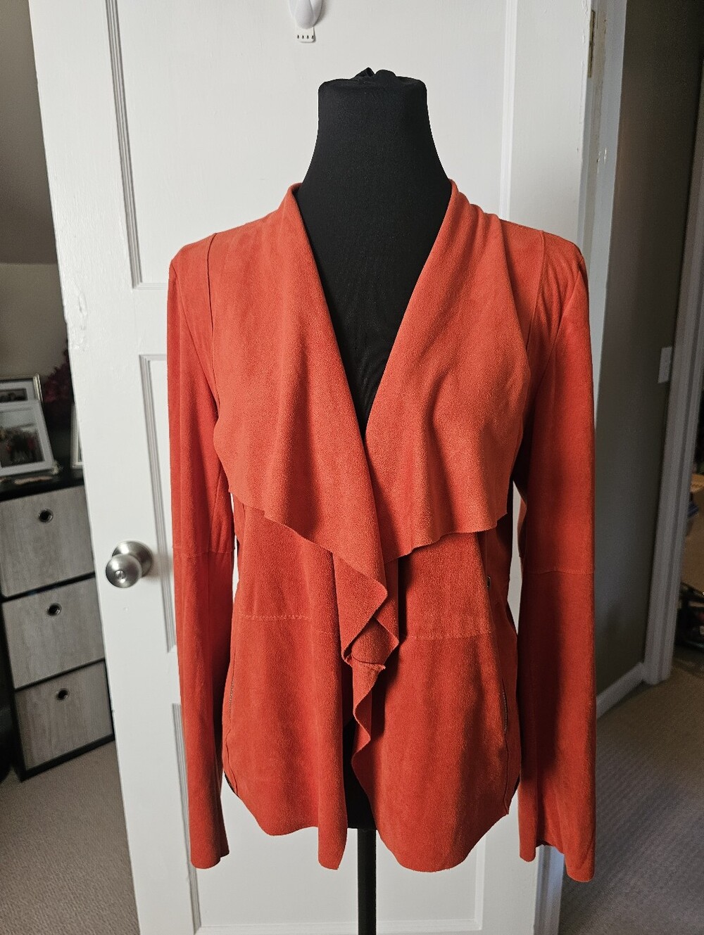 Women's Draped Open-Front Burnt Orange Faux Suede Jacket